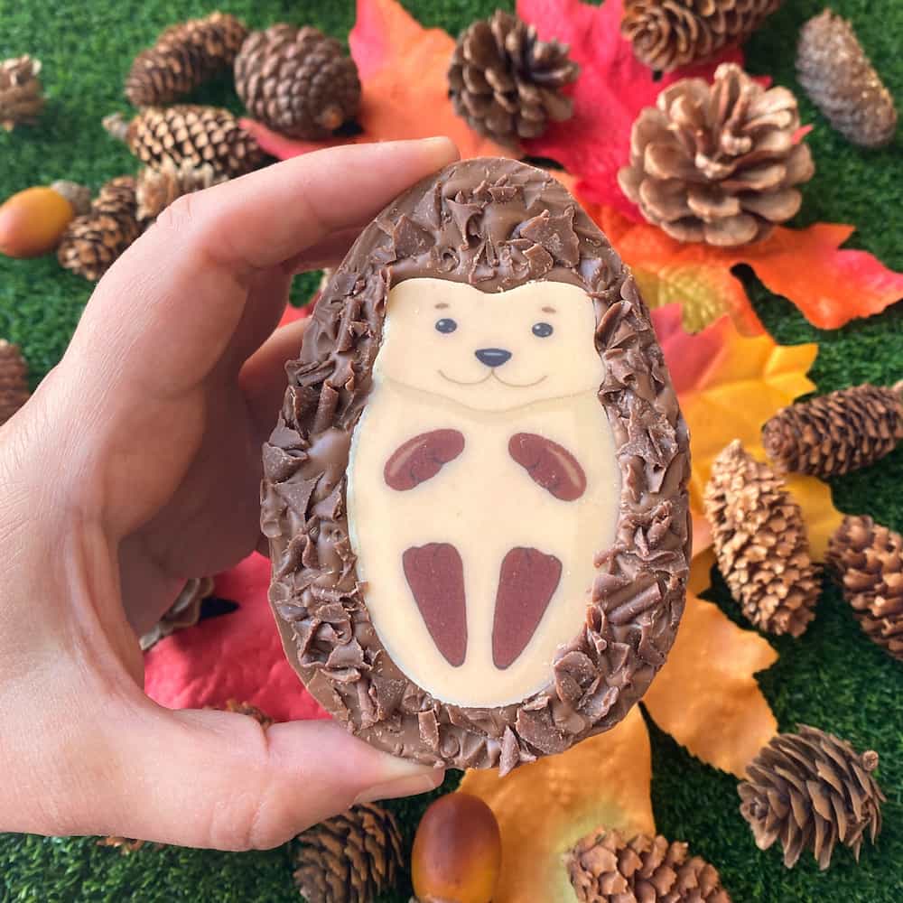 This chunky little hedgehog is filled with milk chocolate and crispy puffed rice.